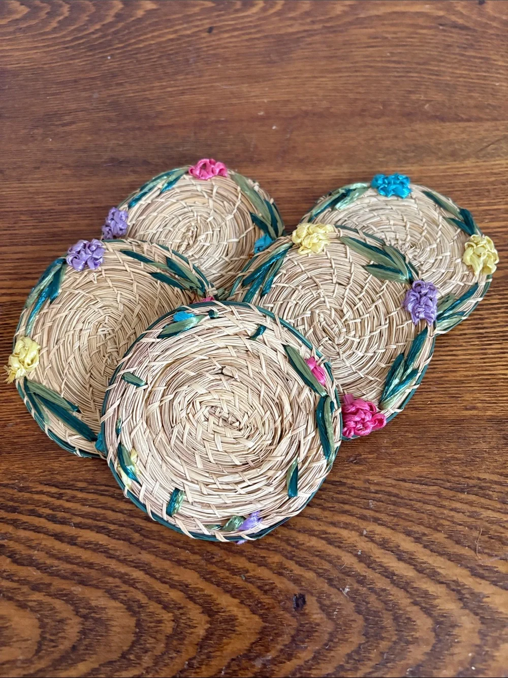 Vintage Multicolor Raffia Flower Coasters - Set of 10